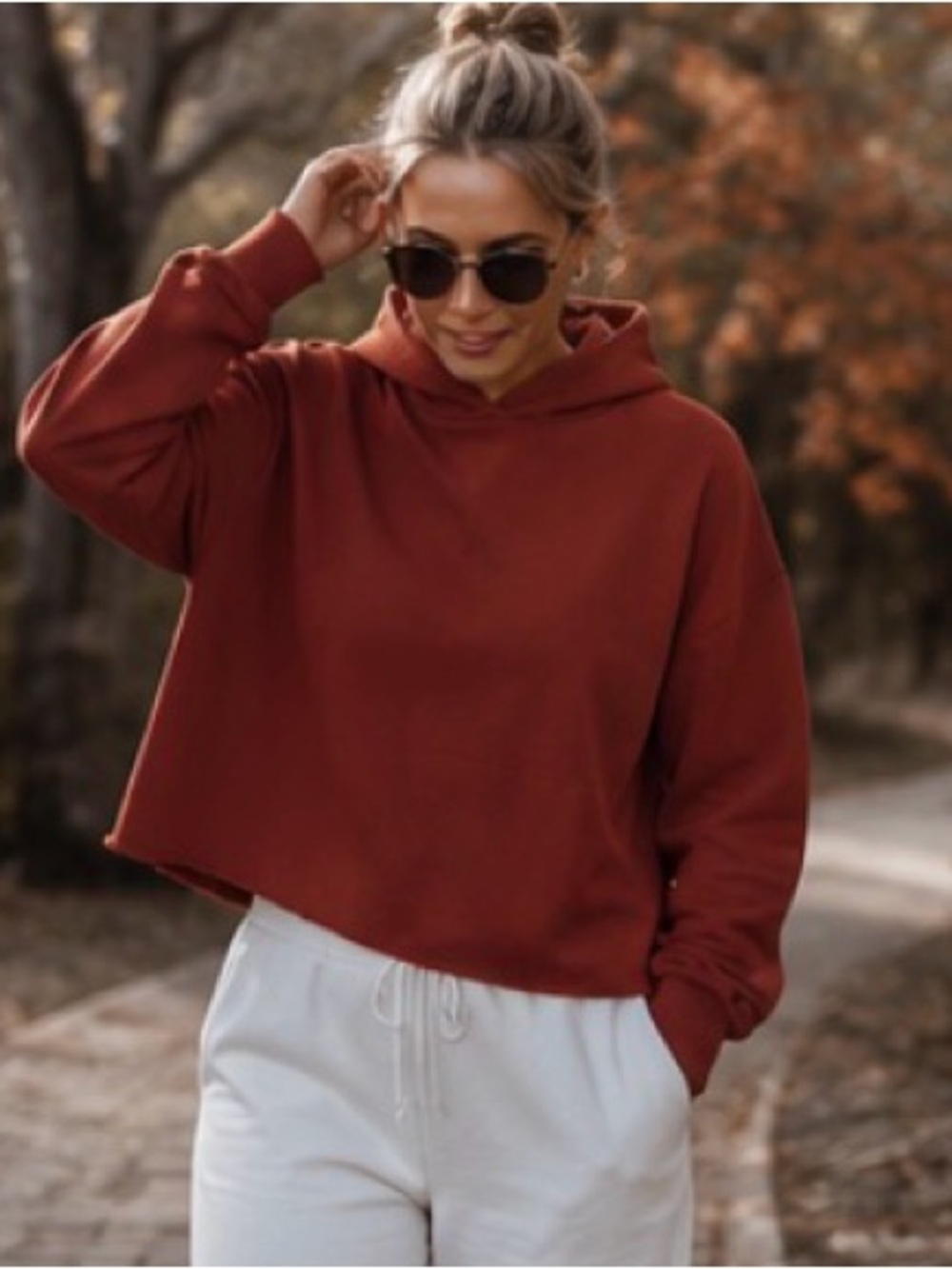 Perfectwhitetee red rust burnt sienna boxy cotton pullover hoodie made in USA M
